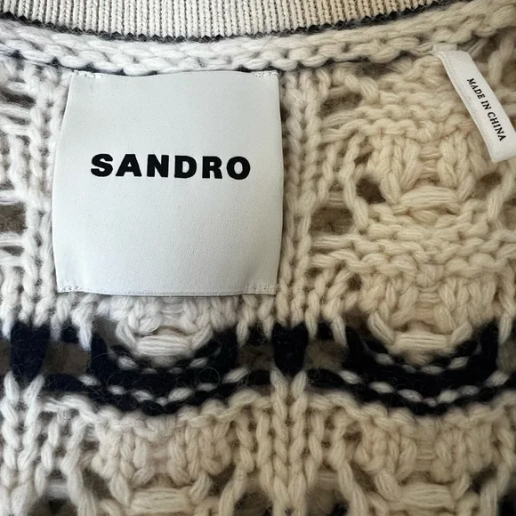 Chic Sandro Cream and Navy Knit Cardigan L - Picture 6 of 10